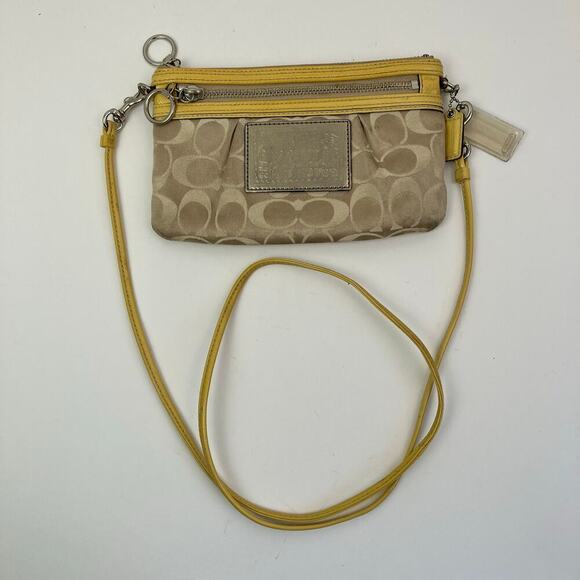 COACH Vtg Y2K Khaki Tan & Yellow POPPY Signature C Sateen Mini Crossbody Purse - Picture 9 of 16